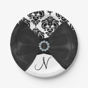 Black & White Damask Bling Bow Glam Sweet 16 Party Paper Plate