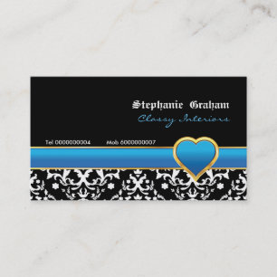 Black white damask blue heart business card