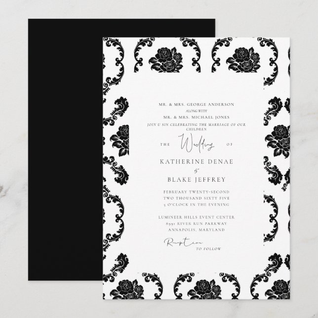 Black & White Damask Both Parents Wedding Invitation (Front/Back)