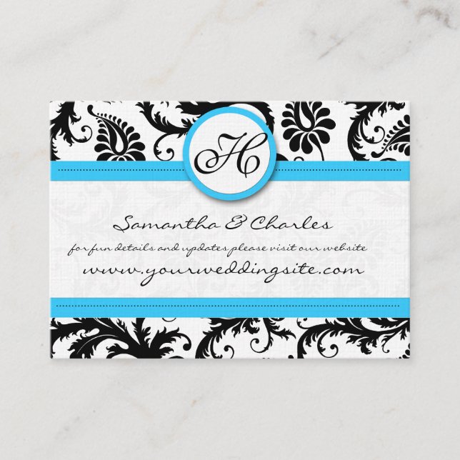 Black & White Damask Bright Aqua Trim with Dots Business Card (Front)