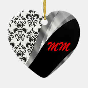 Black & white damask ceramic ornament