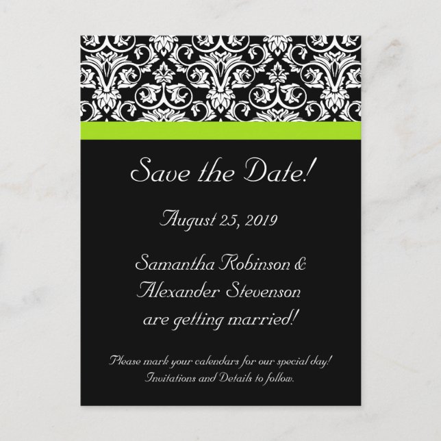 Black/White Damask Chartreuse Green Save the Date Announcement Postcard (Front)