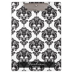Black White Damask Chic Elegant Glam Personalized Clipboard