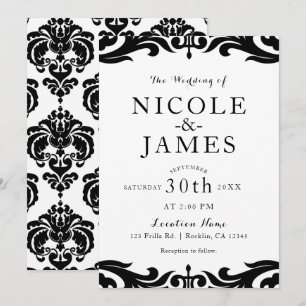 Black & White Damask Chic Elegant Minimal Wedding Invitation