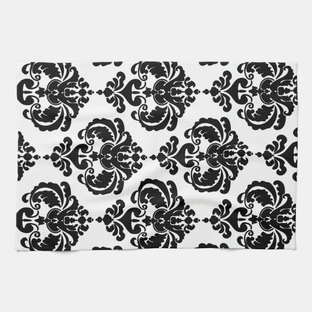 Black & White Damask Chic Modern Elegant Pattern Kitchen Towel (Horizontal)