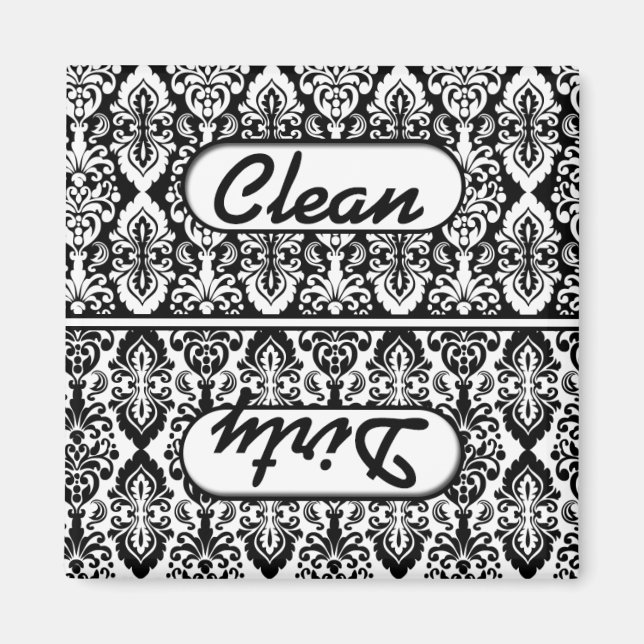 Black White Damask Clean Dirty Dishwasher Magnet (Front)