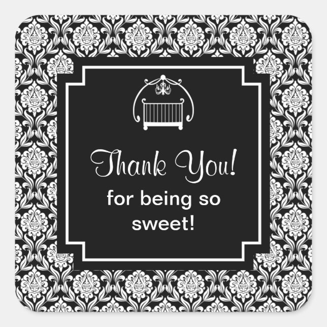 Black & White Damask Crib Baby Shower Square Square Sticker (Front)