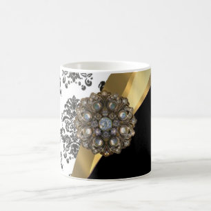 Black & white damask, faux jewel coffee mug