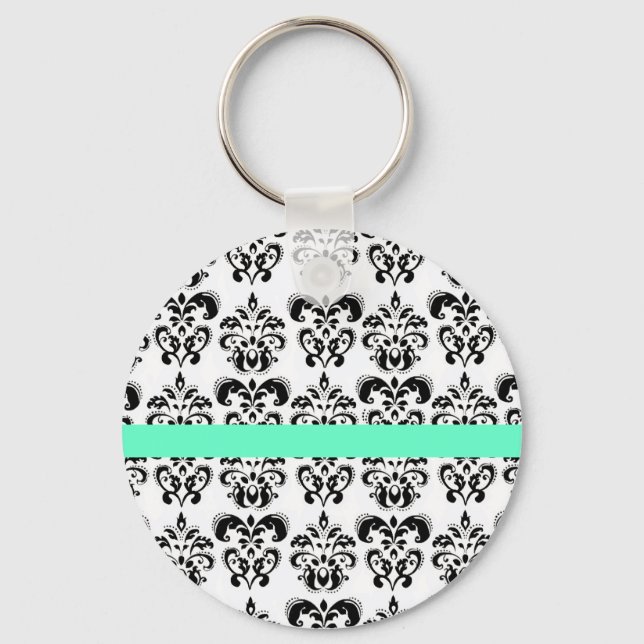 BLACK WHITE DAMASK FLORAL AQUA BLUE TEAL STRIPE KEYCHAIN (Front)