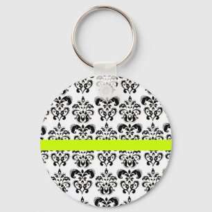 BLACK WHITE DAMASK FLORAL GREEN YELLOW STRIPE KEYCHAIN