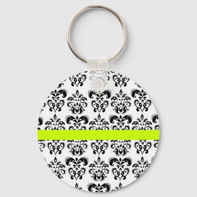 BLACK WHITE DAMASK FLORAL GREEN YELLOW STRIPE KEYCHAIN (Front)