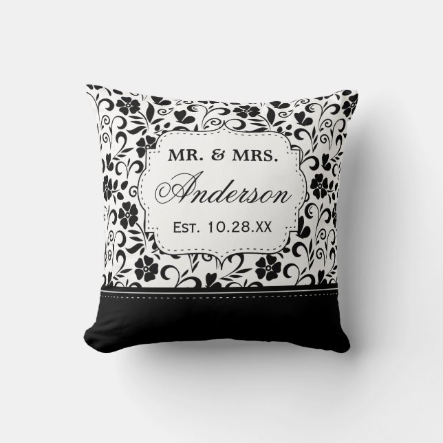 Black White Damask Floral Just Married Wedding Throw Pillow (Front)