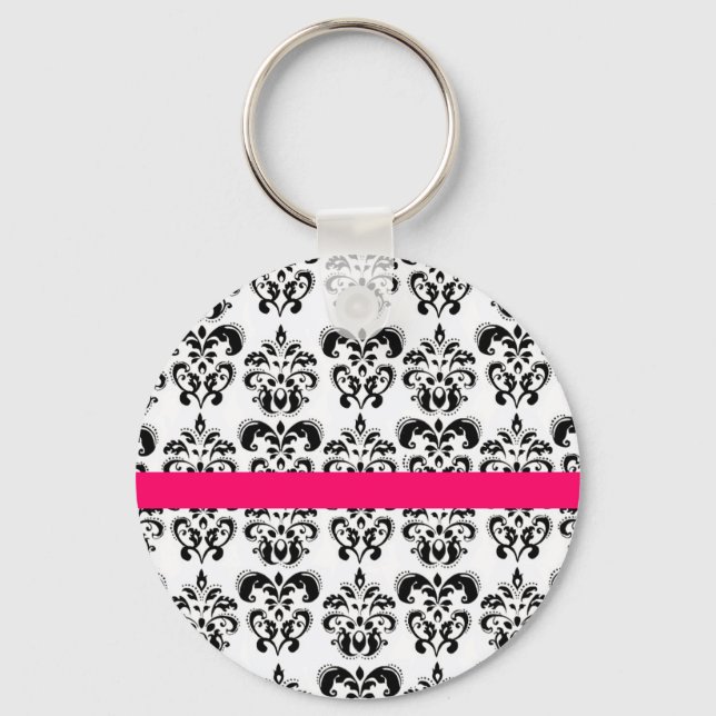 BLACK WHITE DAMASK FLORAL PINK FUCHSIA STRIPE KEYCHAIN (Front)