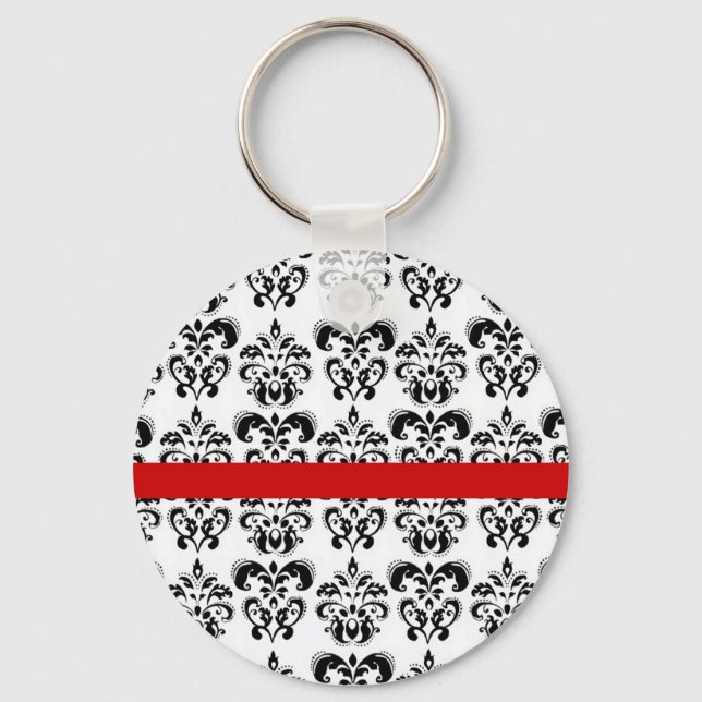 BLACK WHITE DAMASK FLORAL RED STRIPE KEYCHAIN (Front)
