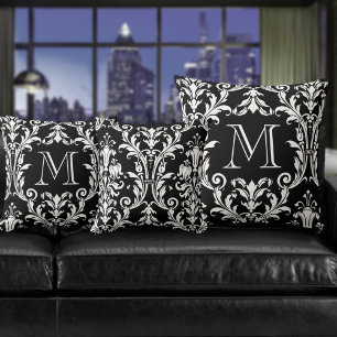 Black & White Damask Floral Swirls Monogram Throw Pillow