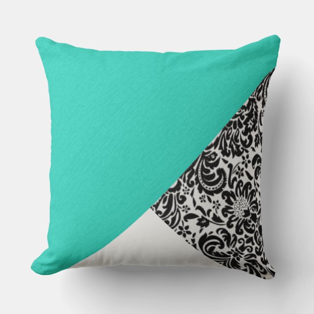 Black White Damask Floral Teal Turquoise Patches Throw Pillow (Front)