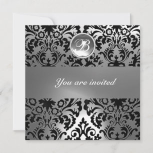 BLACK & WHITE DAMASK GEM STONE MONOGRAMcrystal Invitation