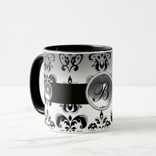 BLACK WHITE DAMASK GEMSTONE MONOGRAM MUG