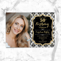 Black White Damask Gold Photo 50th Birthday