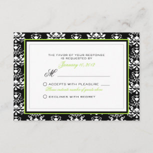 Black & White Damask Green Accent RSVP Custom Card