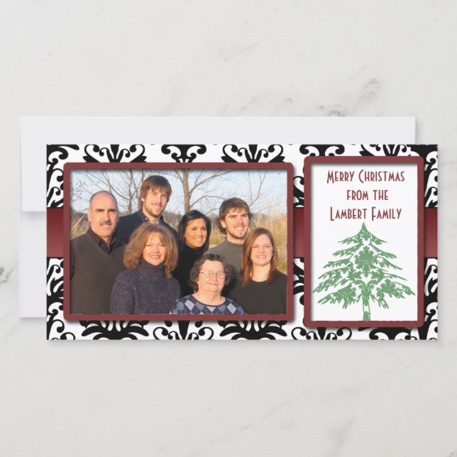 Black & White Damask Green Damask Tree Photo Cards (Front)