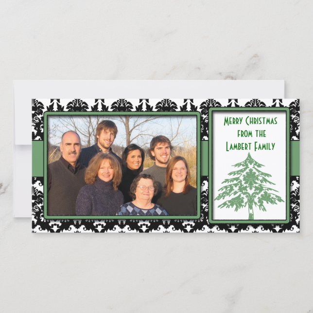 Black & White Damask Green Tree Merry Christmas Holiday Card (Front)