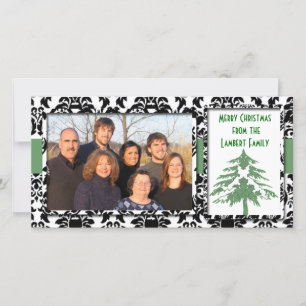 Black & White Damask GreenTree Merry Christmas Holiday Card