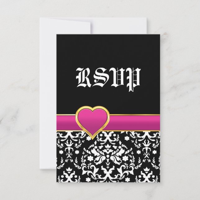 Black white damask hot pink heart wedding RSVP Card (Front)