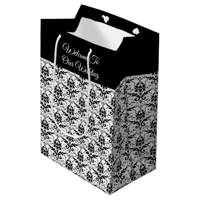Black & White Damask Imprimer - Sac cadeau Mariage (Devant Angle)