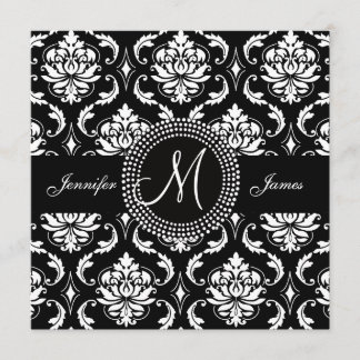 Black White Damask Initial Wedding Invitations