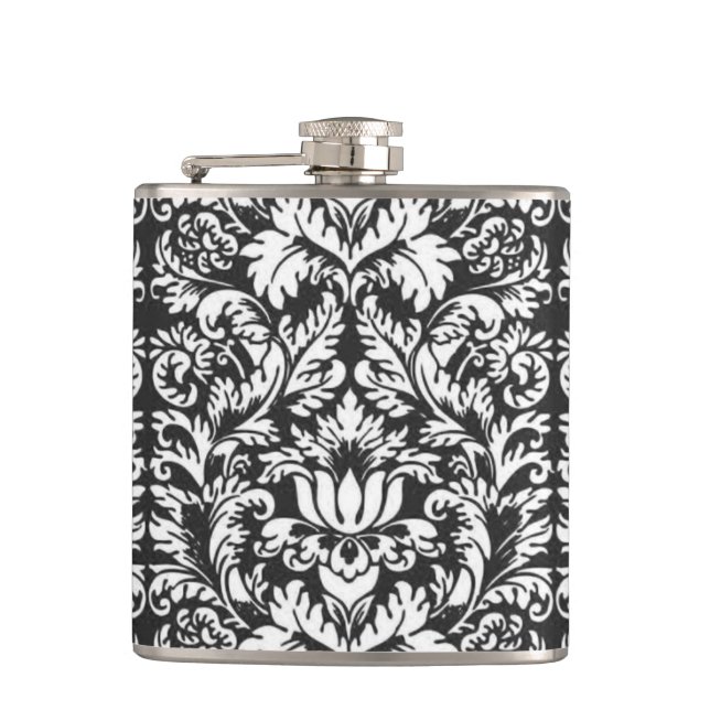 Black White Damask Lace Brocade Hip Flask (Front)