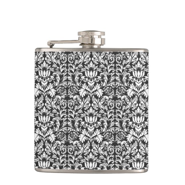Black White Damask Lace Brocade Hip Flask (Front)