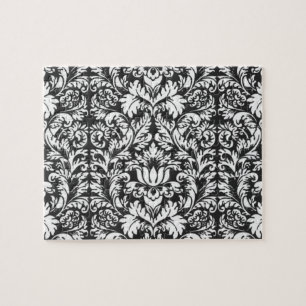 Black White Damask Lace Brocade Jigsaw Puzzle
