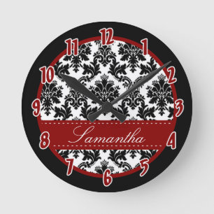 Black & white Damask Lace Red Personalized Clock