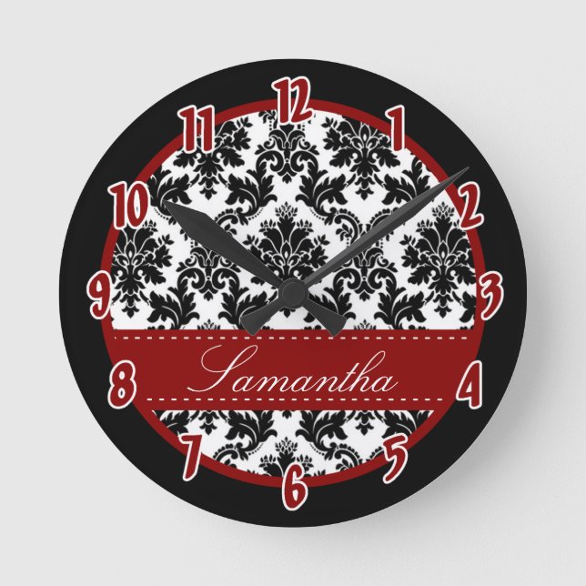 Black & white Damask Lace Red Personalized Clock (Front)