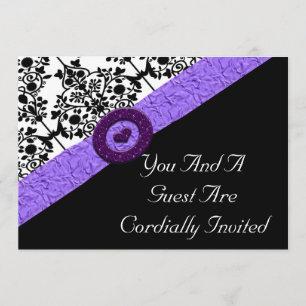 Black & White Damask Lavender Sparkle Heart Invitation