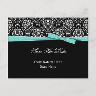 Black White Damask Mint Bow Ribbon Save The Date Announcement Postcard