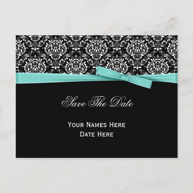 Black White Damask Mint Bow Ribbon Save The Date Announcement Postcard (Front)