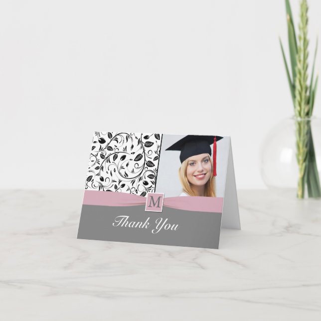 Black white damask monogram Graduation Photo Card (Front)