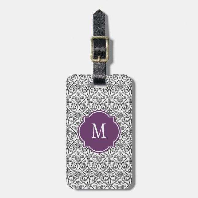 Black & White Damask Monogram Luggage Tag (Front Vertical)