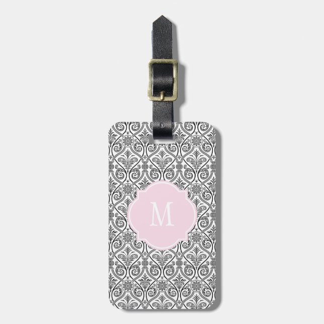 Black & White Damask Monogram Luggage Tag (Front Vertical)