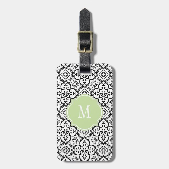 Black & White Damask Monogram Luggage Tag (Front Vertical)