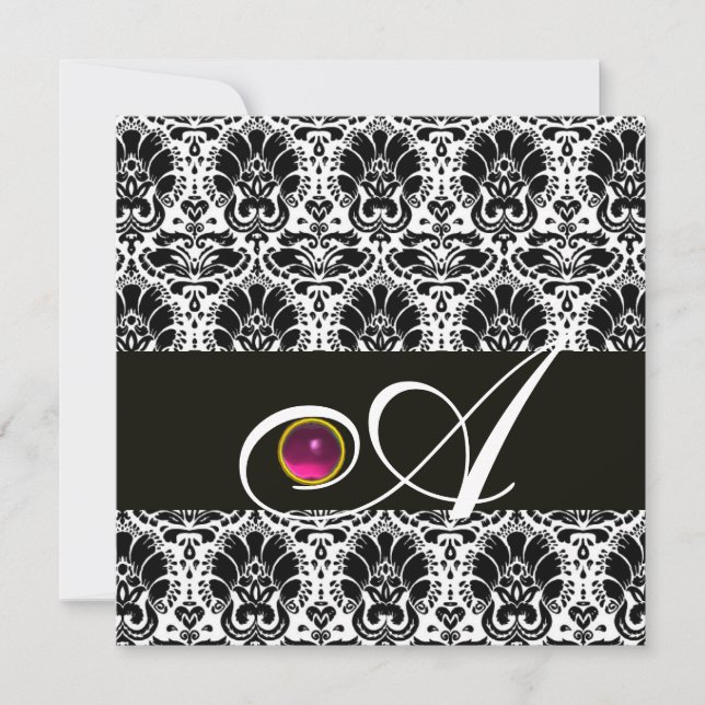 BLACK WHITE  DAMASK MONOGRAM Pink Fuchsia Amethyst Invitation (Front)