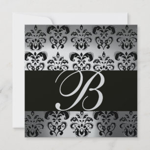 BLACK & WHITE DAMASK MONOGRAM silver moonstone Invitation