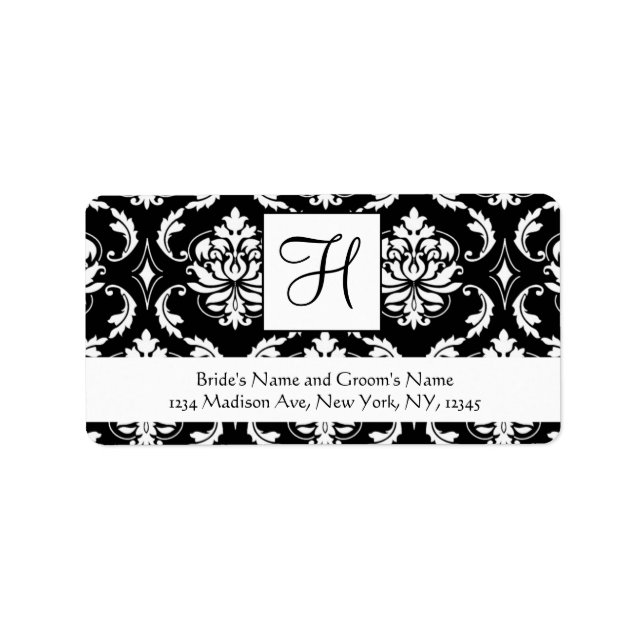 Black White Damask Monogram Wedding Address Labels (Front)