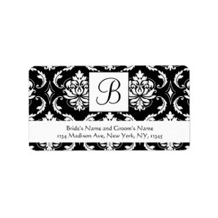 Black White Damask Monogram Wedding Address Labels