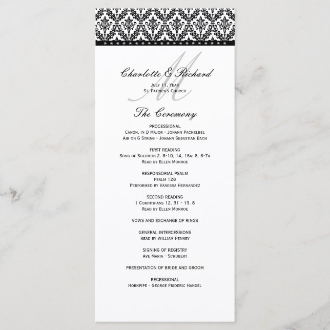 Black & White Damask Monogram Wedding Program (Front)