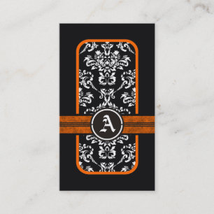 Black white damask orange band monogram business card