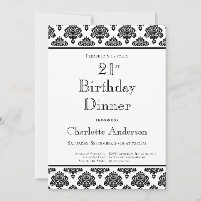 Black & White Damask Pattern 21st Birthday Dinner Invitation (Front)