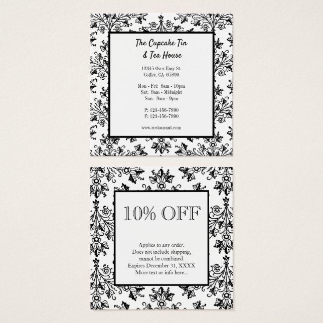 Black White Damask Pattern Custom Discount Cards (Front & Back)